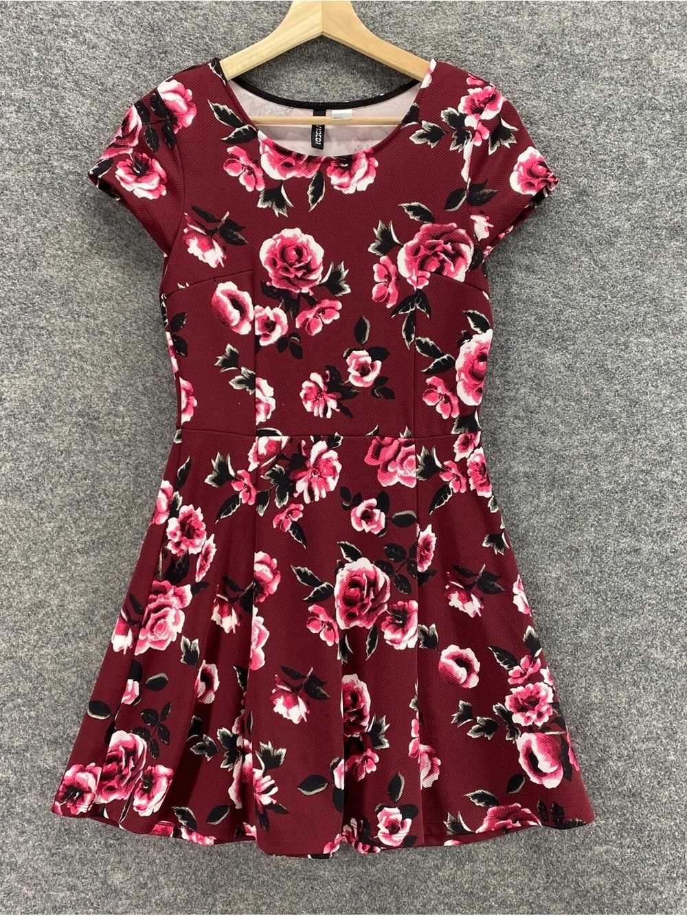 H&M Burgundy Floral Midi Dress with Pink Roses